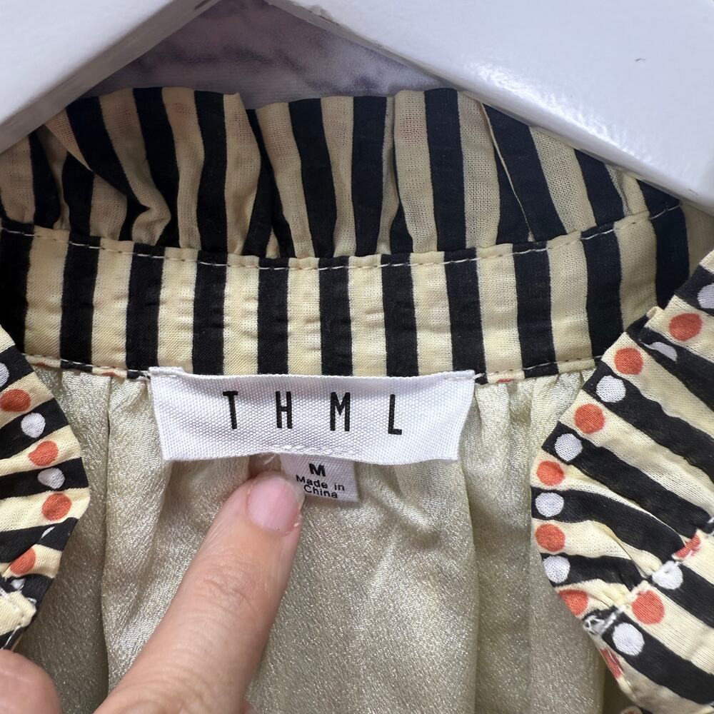 THML Puff Sleeve Stripe Dress Size M Black Yellow Dot Mini Shirt Button Pockets - Picture 6 of 8